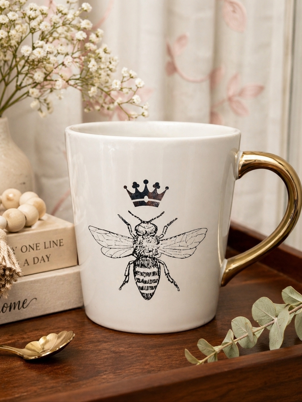 White Ceramic Queen Bee Mug with Gold Handle